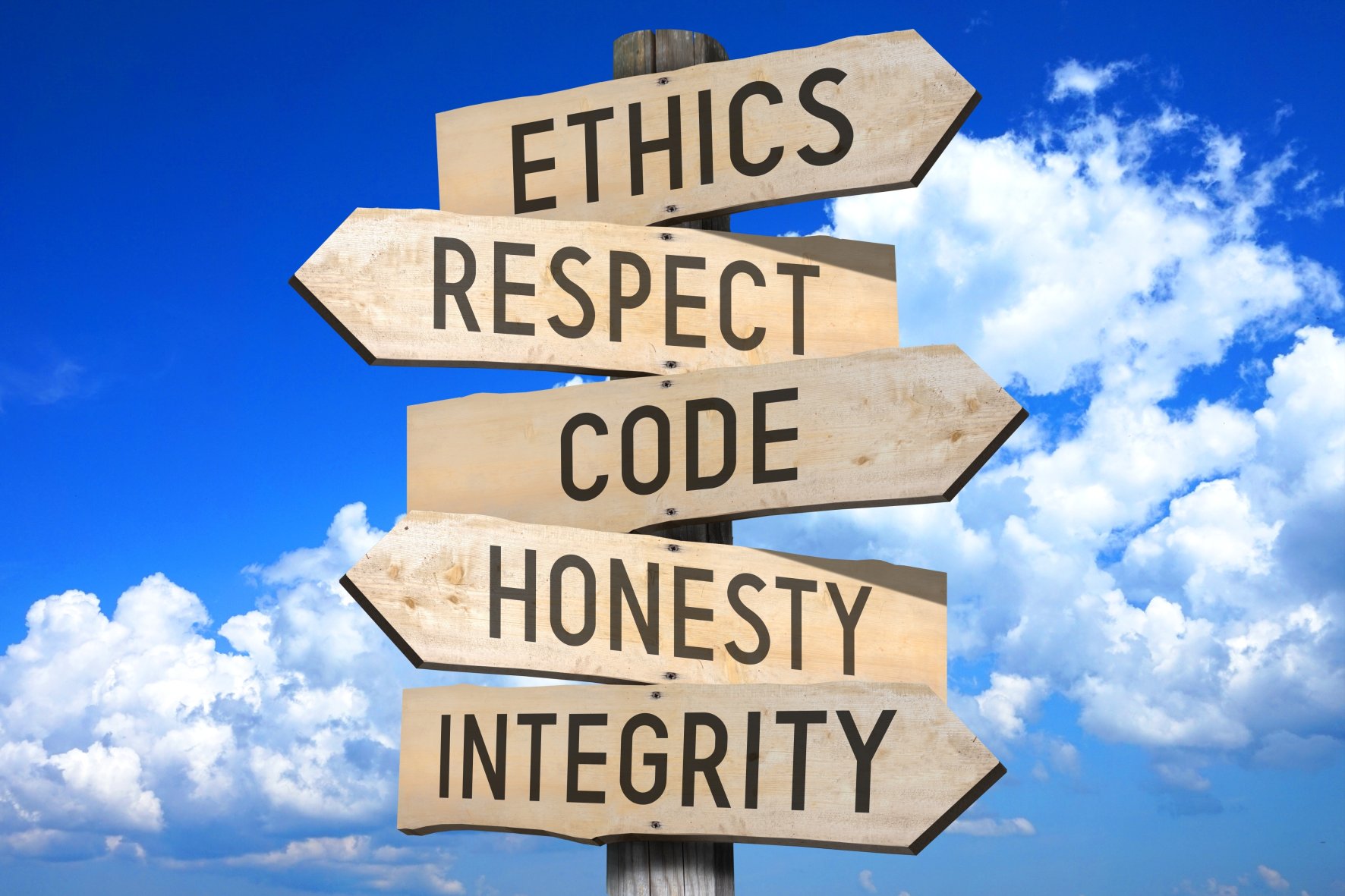 Wooden signpost - code of conduct (ethics, respect, code, honesty, integrity).